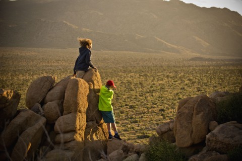 Boys standing on rocks admiring desert landscape