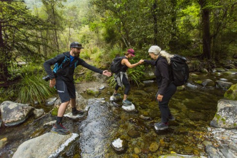 Caucasian hikers crossing creek on rocks in forest
