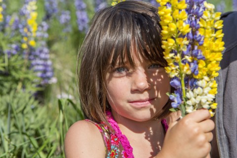 Caucasian girl holding bouquet of wildflowers