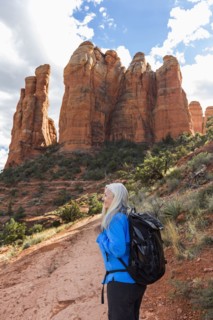 Caucasian woman hiking in desert landscape