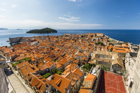 High angle view of waterfront cityscape