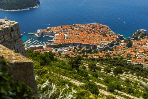 High angle view of waterfront cityscape