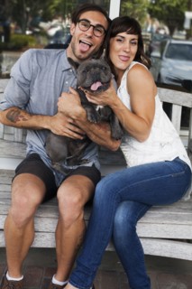 Caucasian couple imitating dog with tongue out