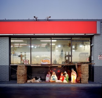 Christian nativity in front of store