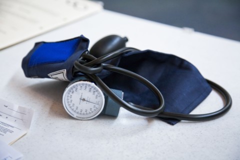 Close up of blood pressure cuff on table