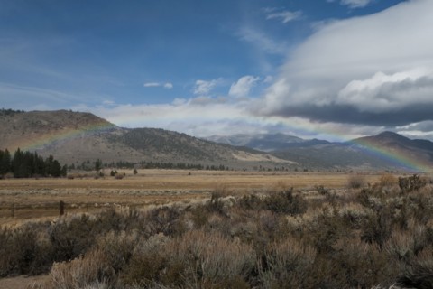 Rainbow over remote desert field