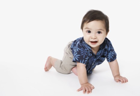 Studio shot of toddler boy crawling