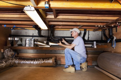 Caucasian plumber working on pipes