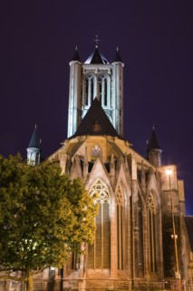 Illuminated cathedral and bell tower
