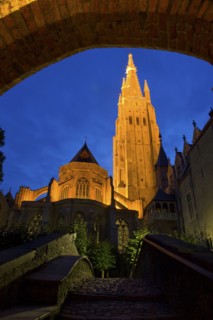 Illuminated bell tower on cathedral