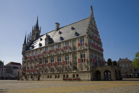 Historical landmark in city plaza
