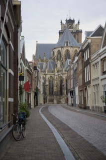 Dutch church and cobblestone street