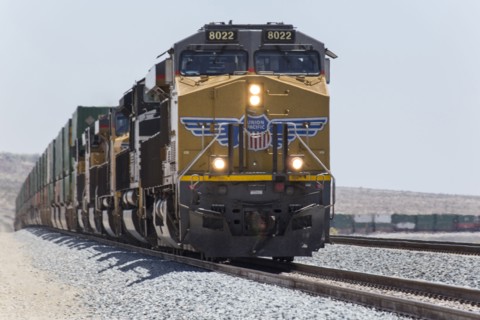 Cargo train on railroad track
