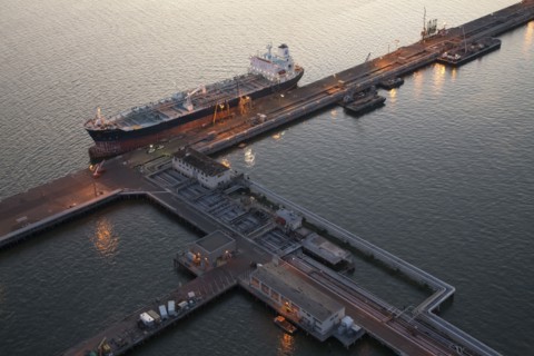 Aerial view of freighter at port