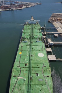 Aerial view of freighter at port