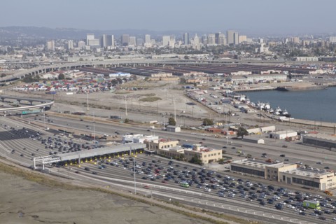 Aerial view of cars at toll plaza