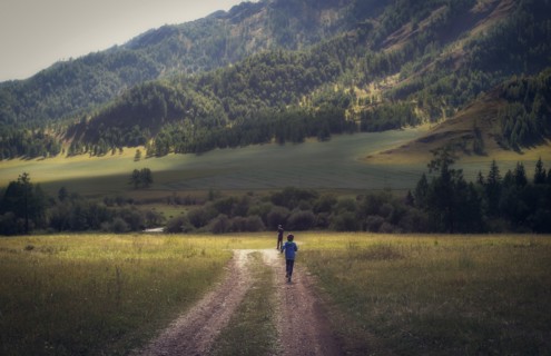 Caucasian boys walking on remote path