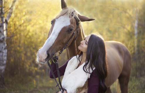 Caucasian woman petting horse