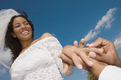 African groom putting ring on bride's finger