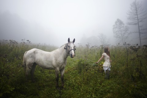 Caucasian girl walking horse in foggy field