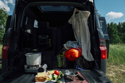 Food and camping gear in car