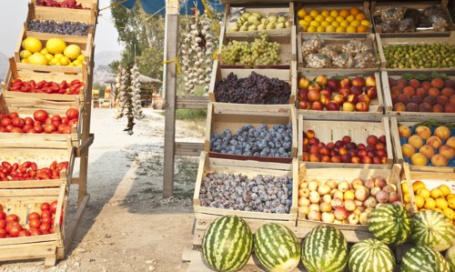 Crates of produce for sale