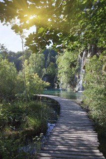 Wooden walkway to waterfall