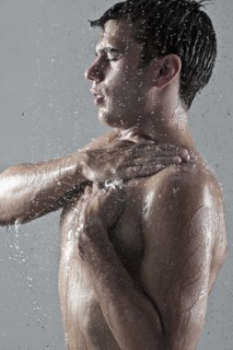 Caucasian man showering