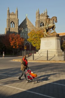 Father pushing stroller in city