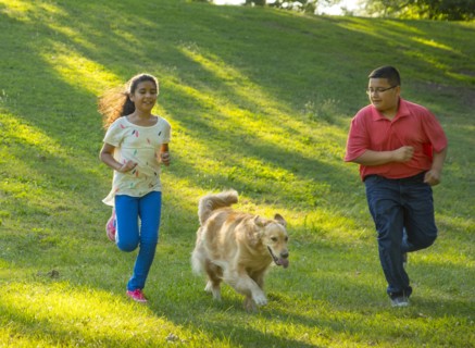 Hispanic brother and sister running with dog on hill