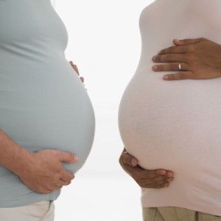 Close up of two pregnant women's bellies