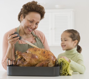Hispanic grandmother and granddaughter basting roast turkey