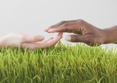 African and Caucasian woman about to hold hands