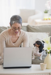 Dachshund watching Chinese woman using laptop in living room