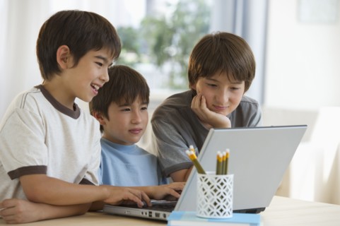 Mixed race brothers using laptop