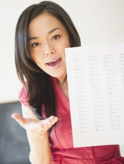 Japanese woman holding failing test