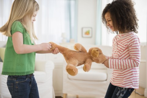 Girls fighting over teddy bear in living room