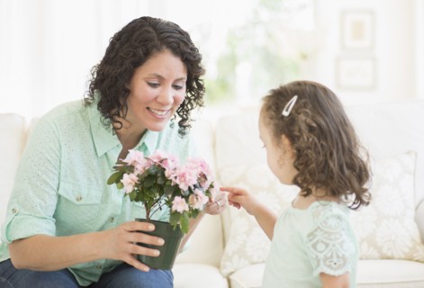 Mixed race mother and daughter examining flowers