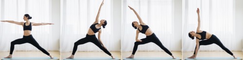 Caucasian woman practicing yoga sequence