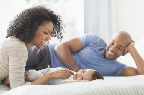 Family relaxing together on bed