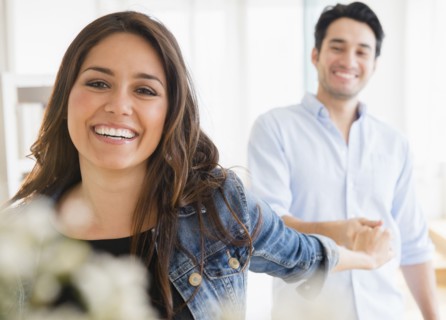 Woman pulling hand of boyfriend