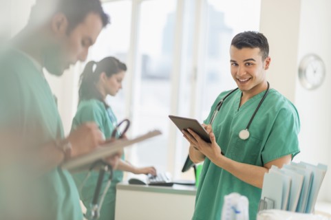 Hispanic nurses working in hospital