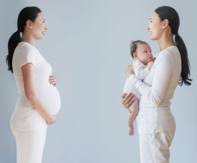Double exposure of pregnant Asian mother before and after birth of baby