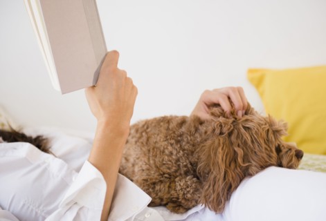 Caucasian woman reading with pet dog