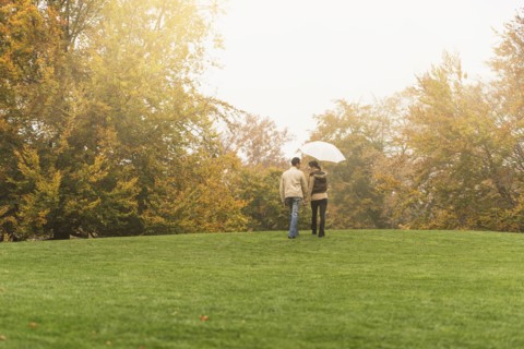 Couple walking with umbrella in park
