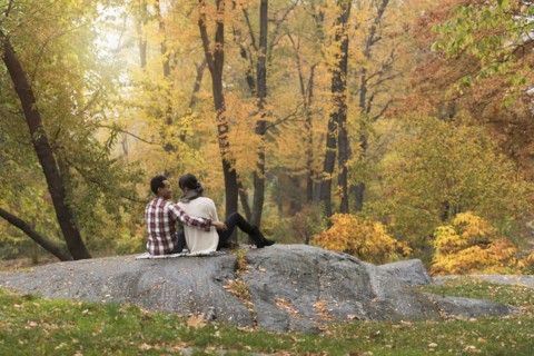 Asian couple hugging on rock in park