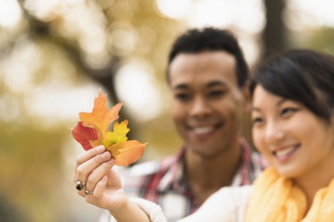 Couple admiring autumn leaves outdoors