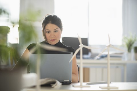 Mixed race architect with windmill models working on laptop