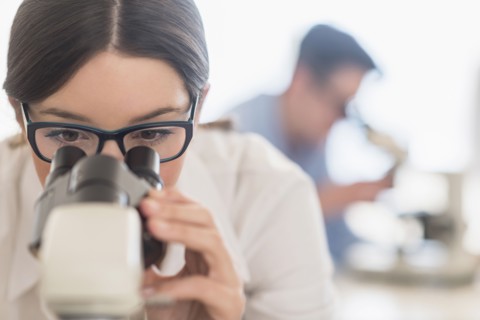 Scientist using microscope in research laboratory