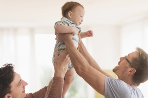 Caucasian gay fathers holding baby